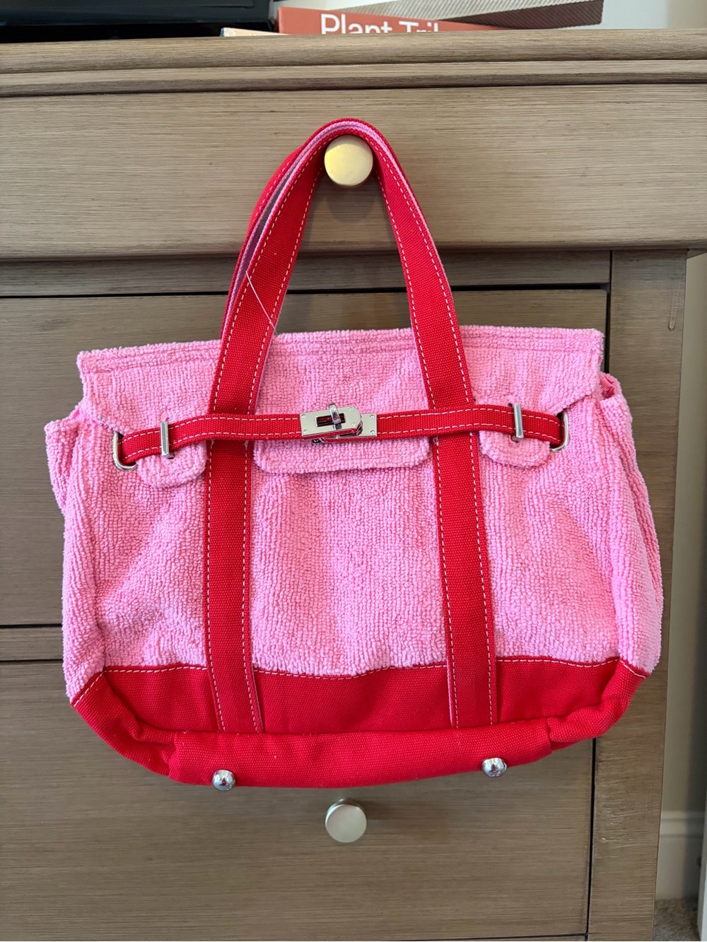 New Terrycloth & Canvas Turn-Lock Tote Bag Boatkin Birkin Pink Red